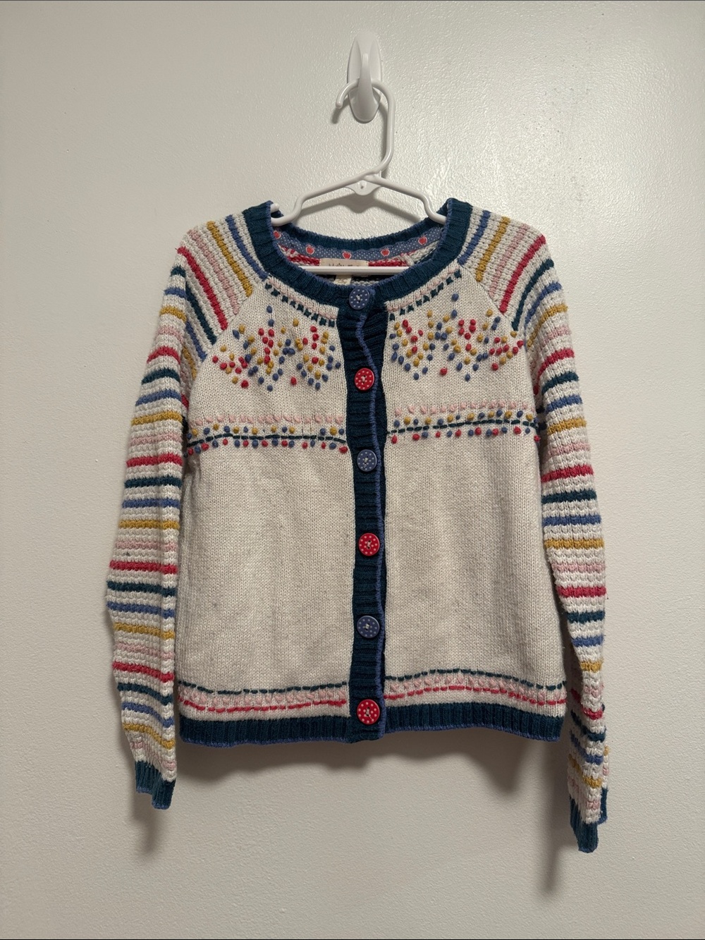 Matilda Jane Cream Cardigan with Blue Trim and Multicolor Accents